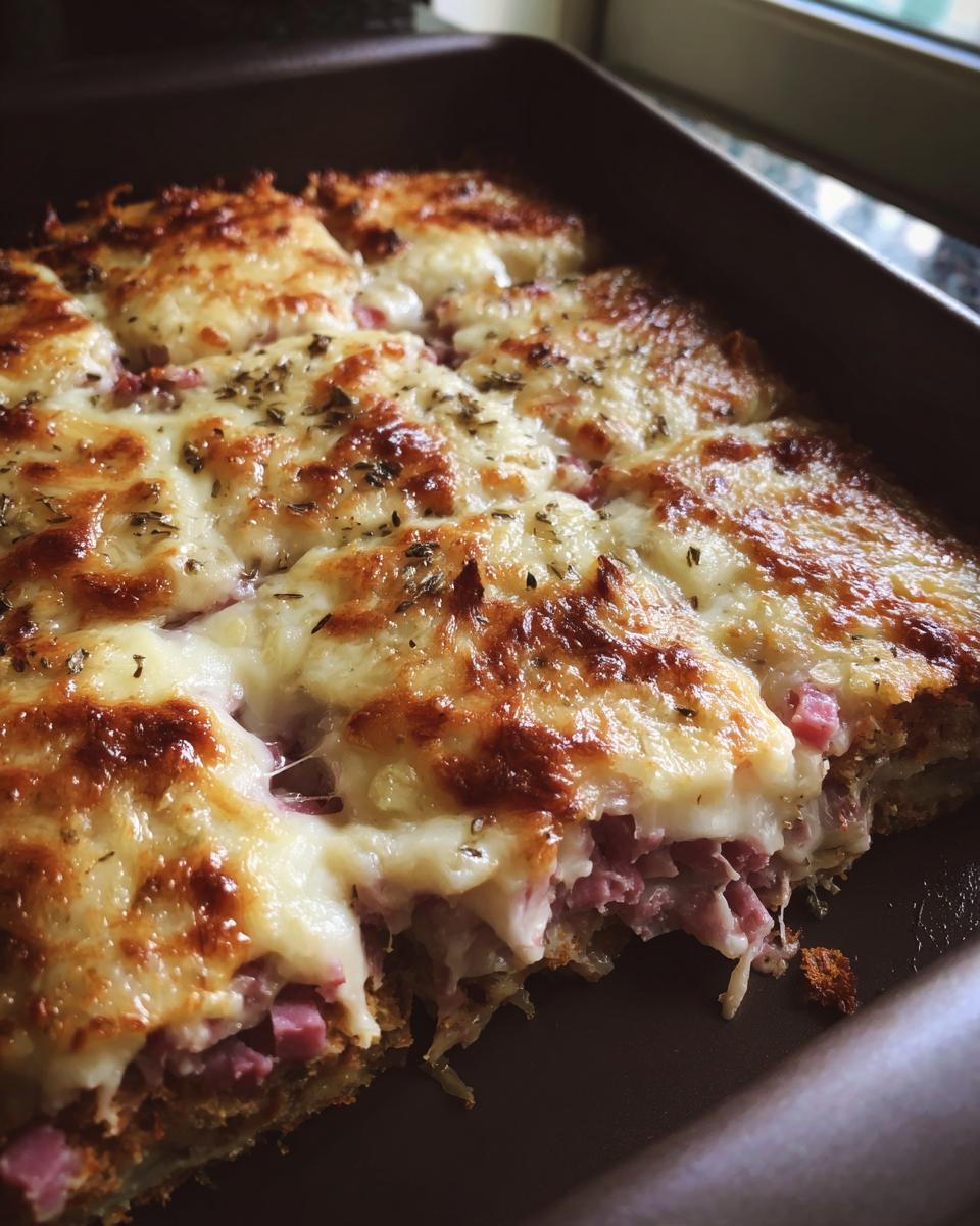 A close-up shot of a freshly baked homemade reuben bake, showing melted, browned cheese topping over layers of meat and bread.