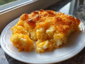 A scoop of creamy, baked cheesy potato casserole with a golden, melted cheese crust served on a white plate.