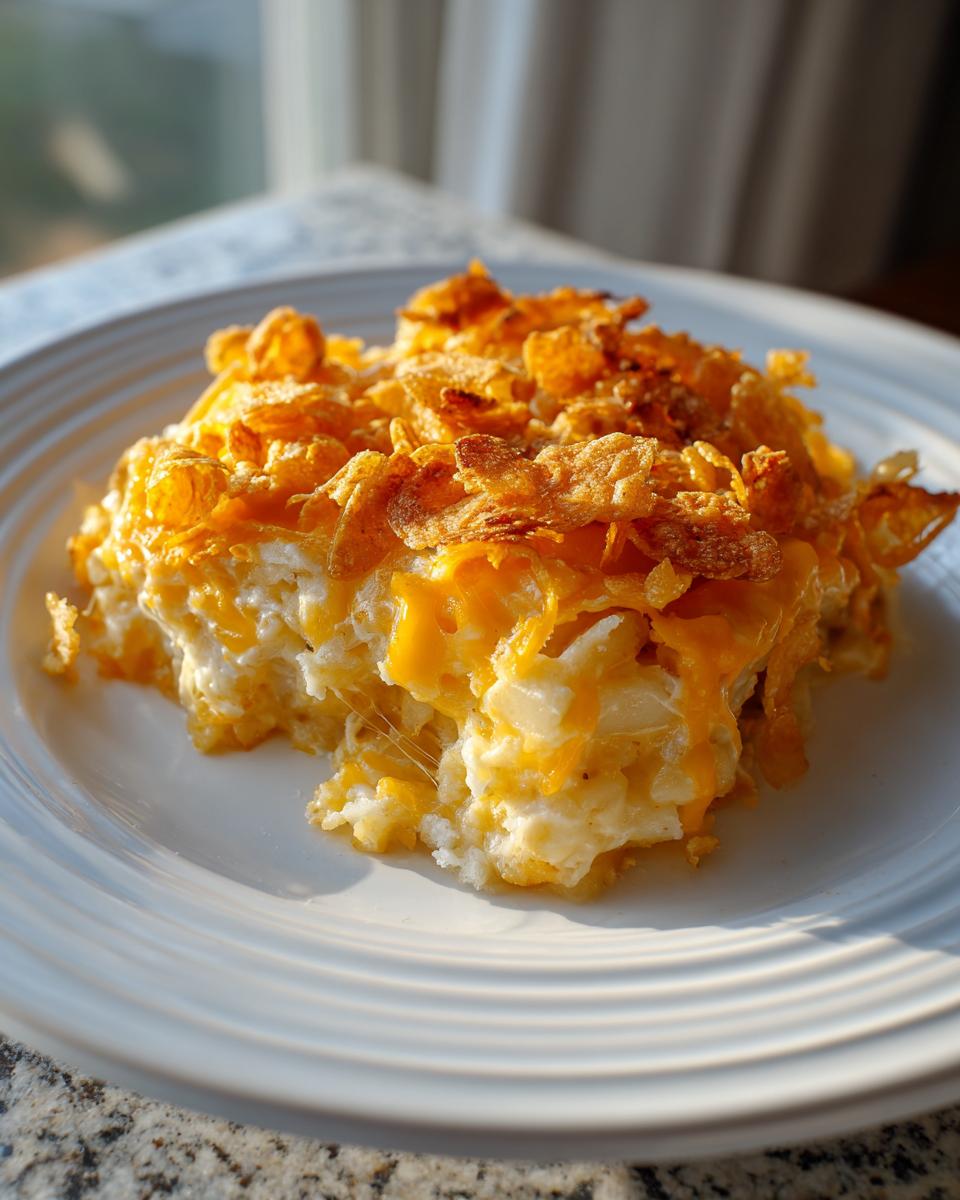 A close-up serving of cheesy potato casserole topped with crispy cornflakes, showing melted cheese pull.