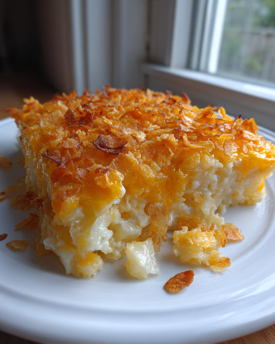 A generous serving of cheesy potato casserole with a golden, crunchy cornflake topping on a white plate.