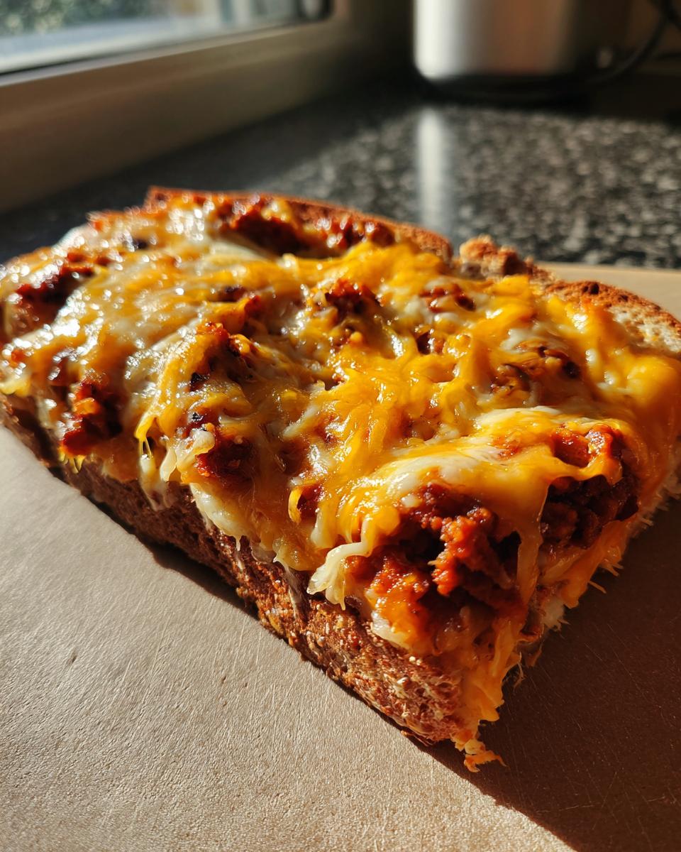 Close-up of a slice of bread topped with savory meat sauce and melted cheddar and mozzarella cheese, ready for the hanky panky recipe.