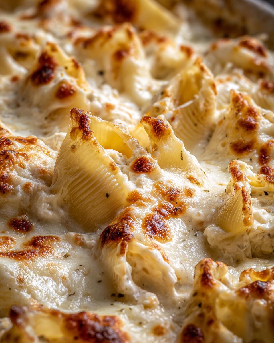 Close-up of baked chicken alfredo stuffed shells bubbling in creamy sauce with browned cheese topping.