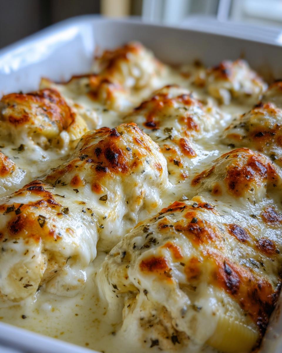 Close-up of baked chicken alfredo stuffed shells covered in creamy sauce and golden-brown melted cheese.