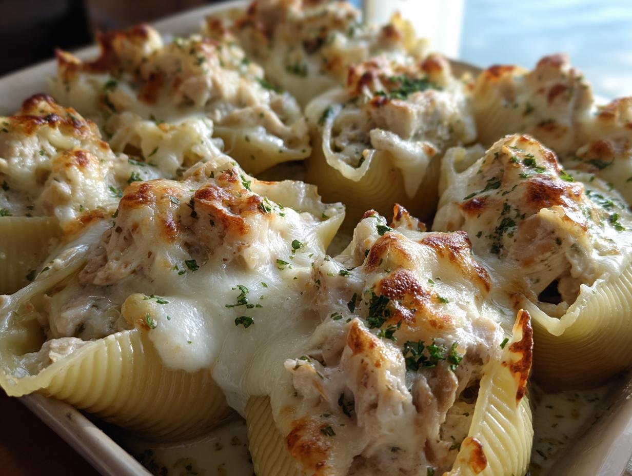 Close-up of baked chicken alfredo stuffed shells topped with browned, melted mozzarella and parsley.