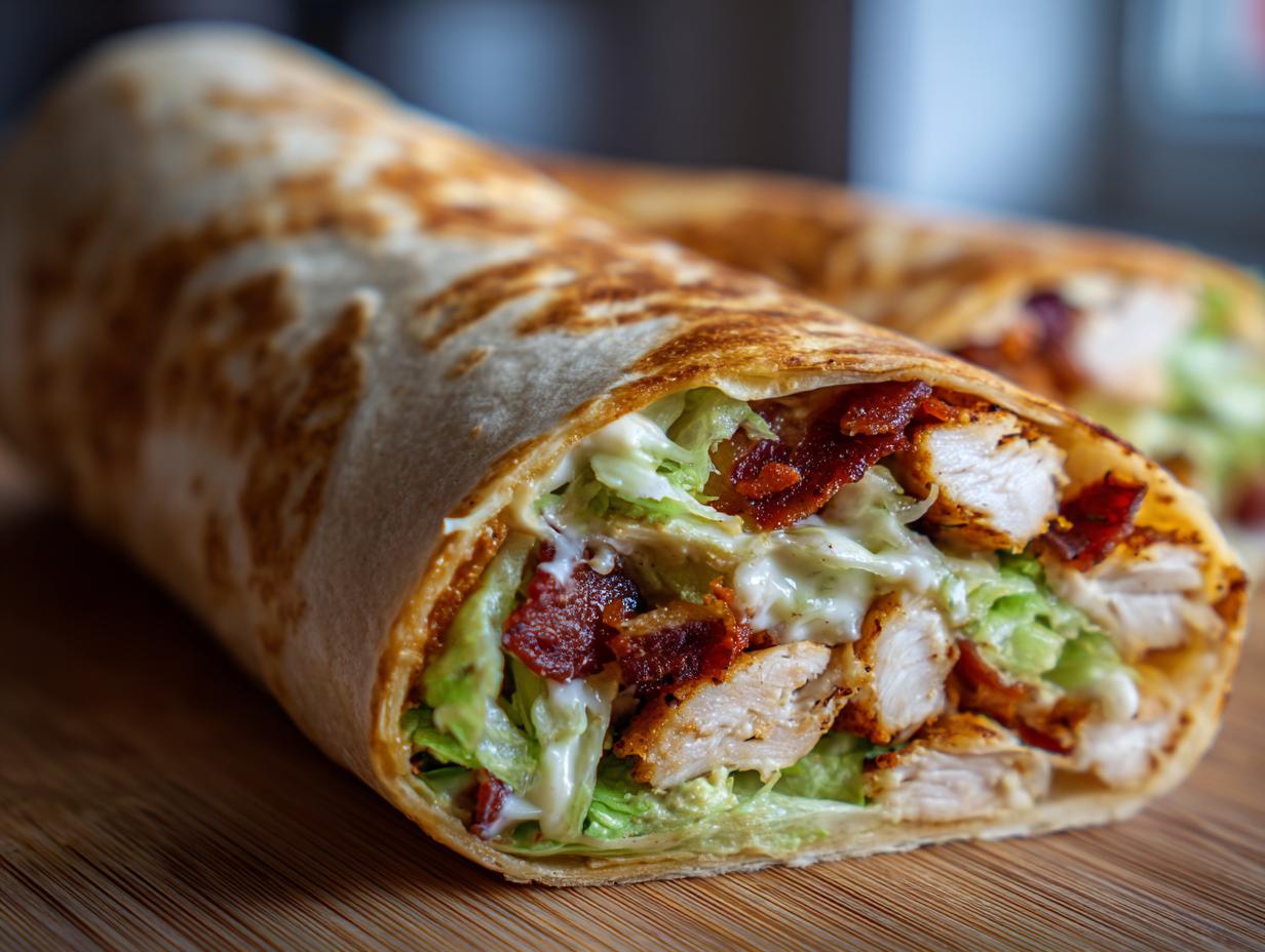 Close-up of a perfectly grilled chicken bacon ranch wrap cut in half, showing chicken, bacon, lettuce, and creamy ranch dressing.