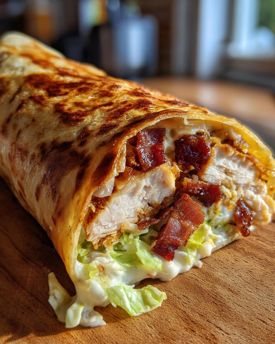 Cross-section view of a perfectly grilled chicken bacon ranch wrap showing chicken, crispy bacon, lettuce, and ranch dressing.