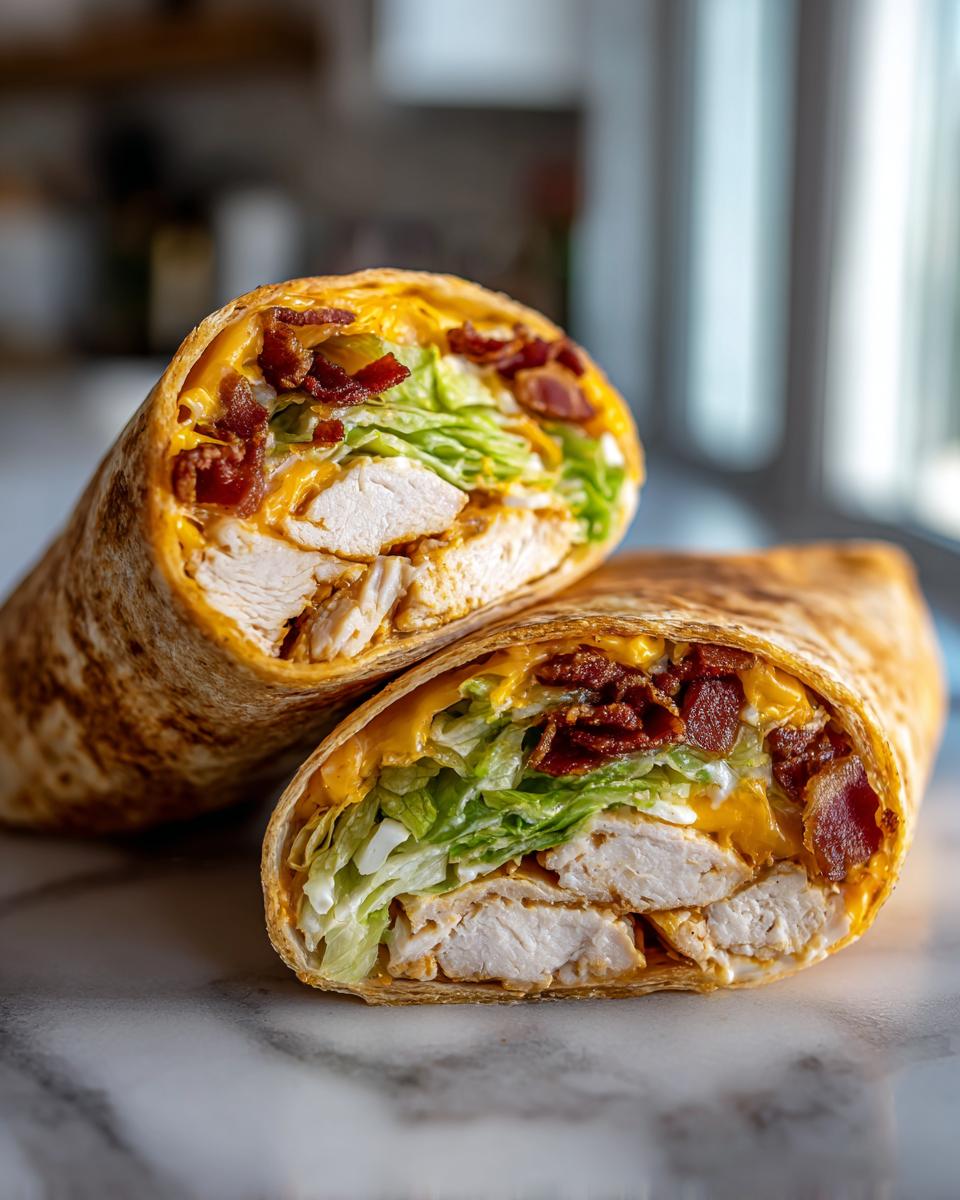 Close-up of a chicken bacon ranch wrap cut in half, showing layers of chicken, lettuce, bacon, and cheese.