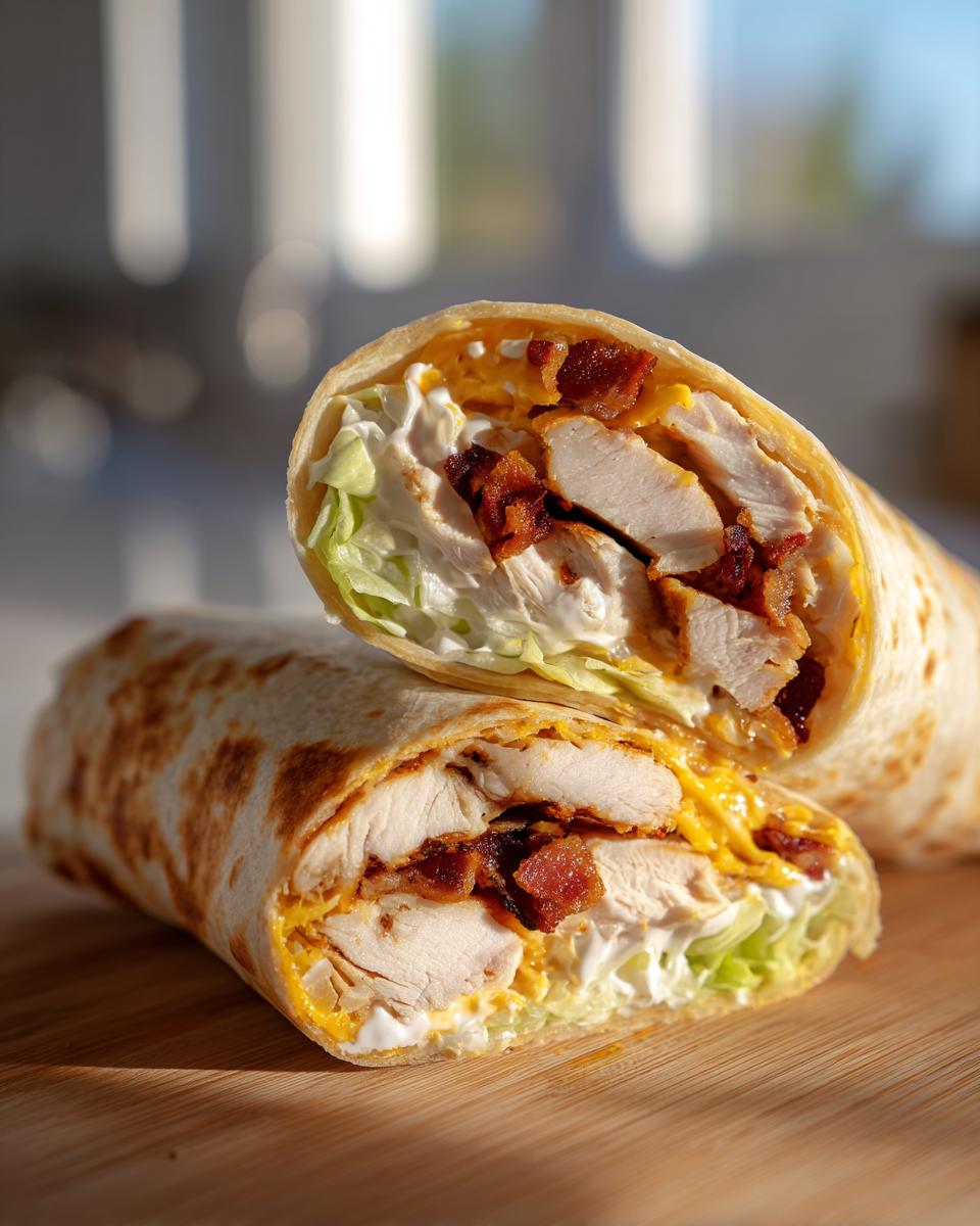 Close-up of a chicken bacon ranch wrap cut in half, showing chicken, bacon, cheese, lettuce, and ranch dressing.