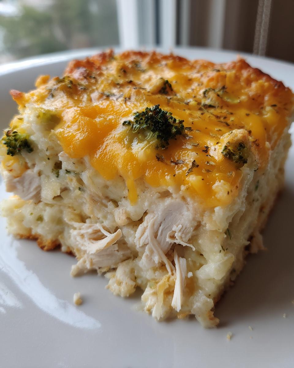 A close-up of a serving of chicken cauliflower rice casserole topped with melted cheddar cheese and broccoli florets.