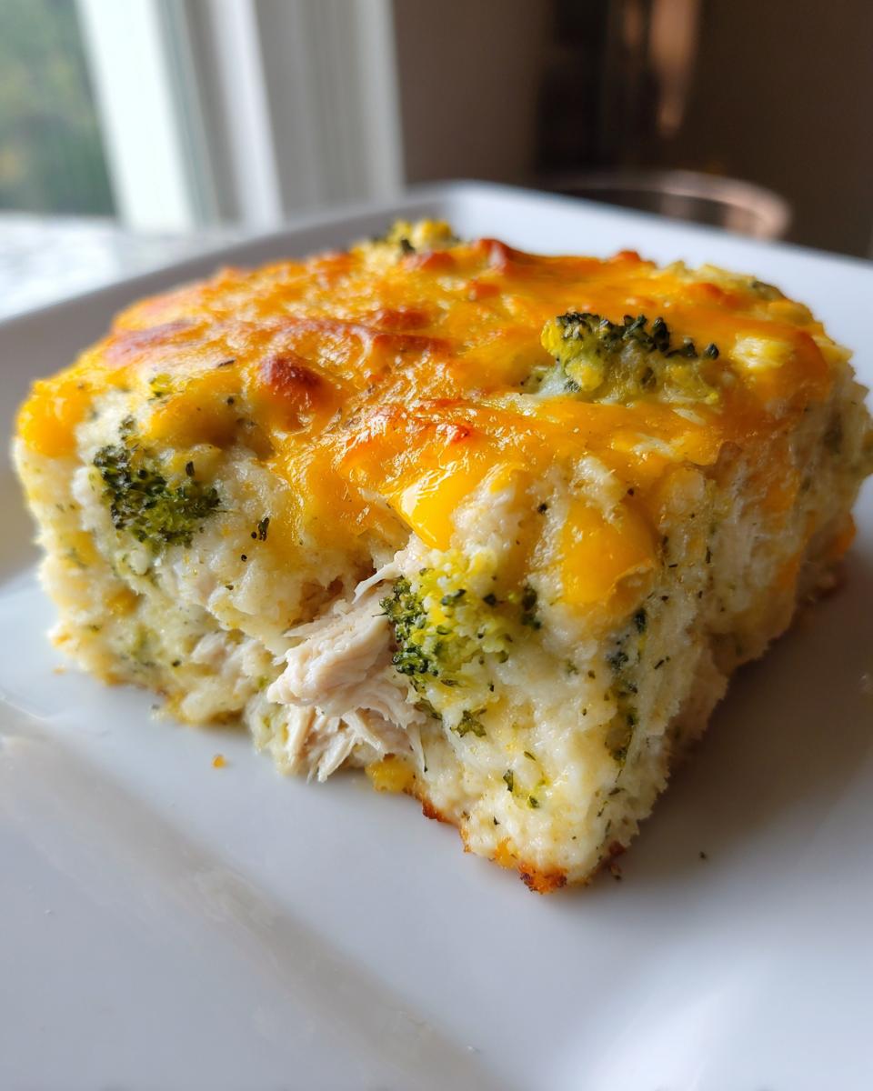 A square serving of chicken cauliflower rice casserole topped with melted cheddar cheese and broccoli florets.