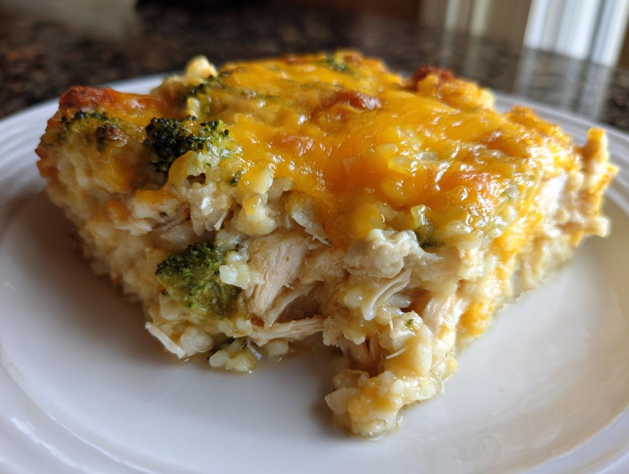 A close-up of a serving of chicken cauliflower rice casserole topped with melted cheddar cheese and broccoli florets.