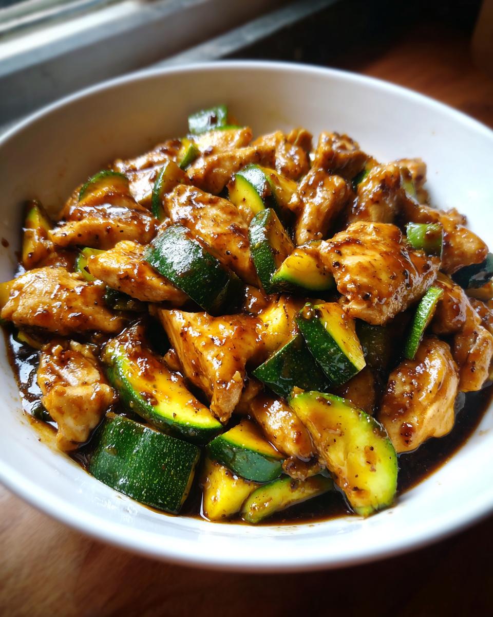 A white bowl filled with glossy chicken zucchini stir fry coated in a dark, savory sauce.