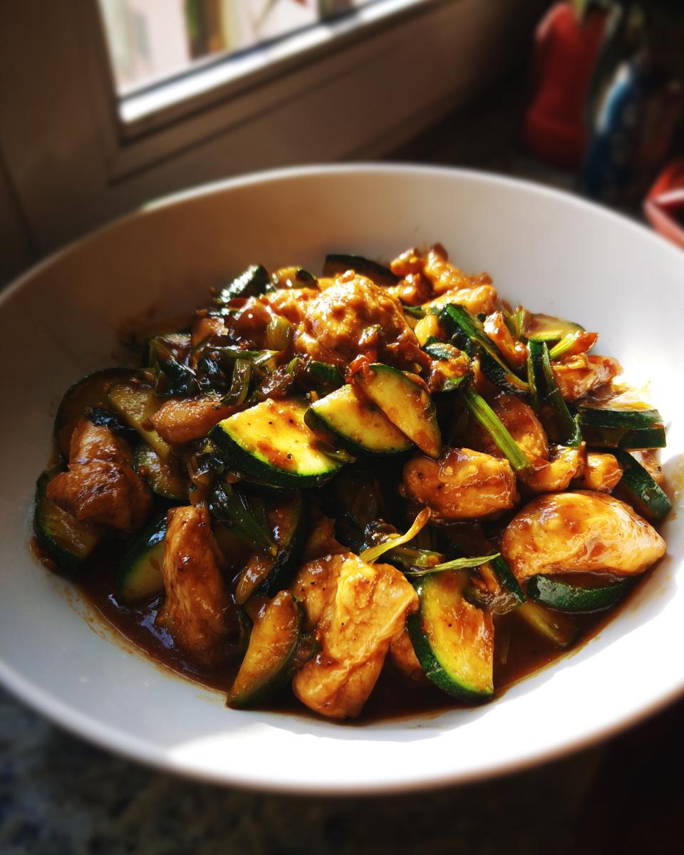 Close-up of a savory chicken zucchini stir fry coated in a dark sauce, served in a white bowl.