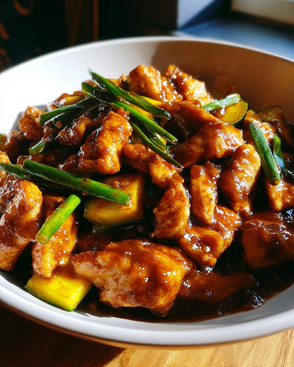 A close-up of glossy, saucy chicken zucchini stir fry pieces topped with bright green scallions in a white bowl.