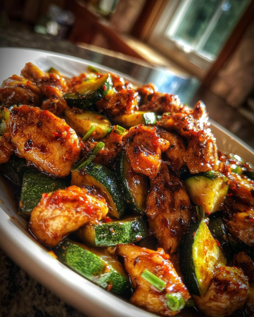 Close-up of glossy, saucy chicken zucchini stir fry pieces garnished with green onion.