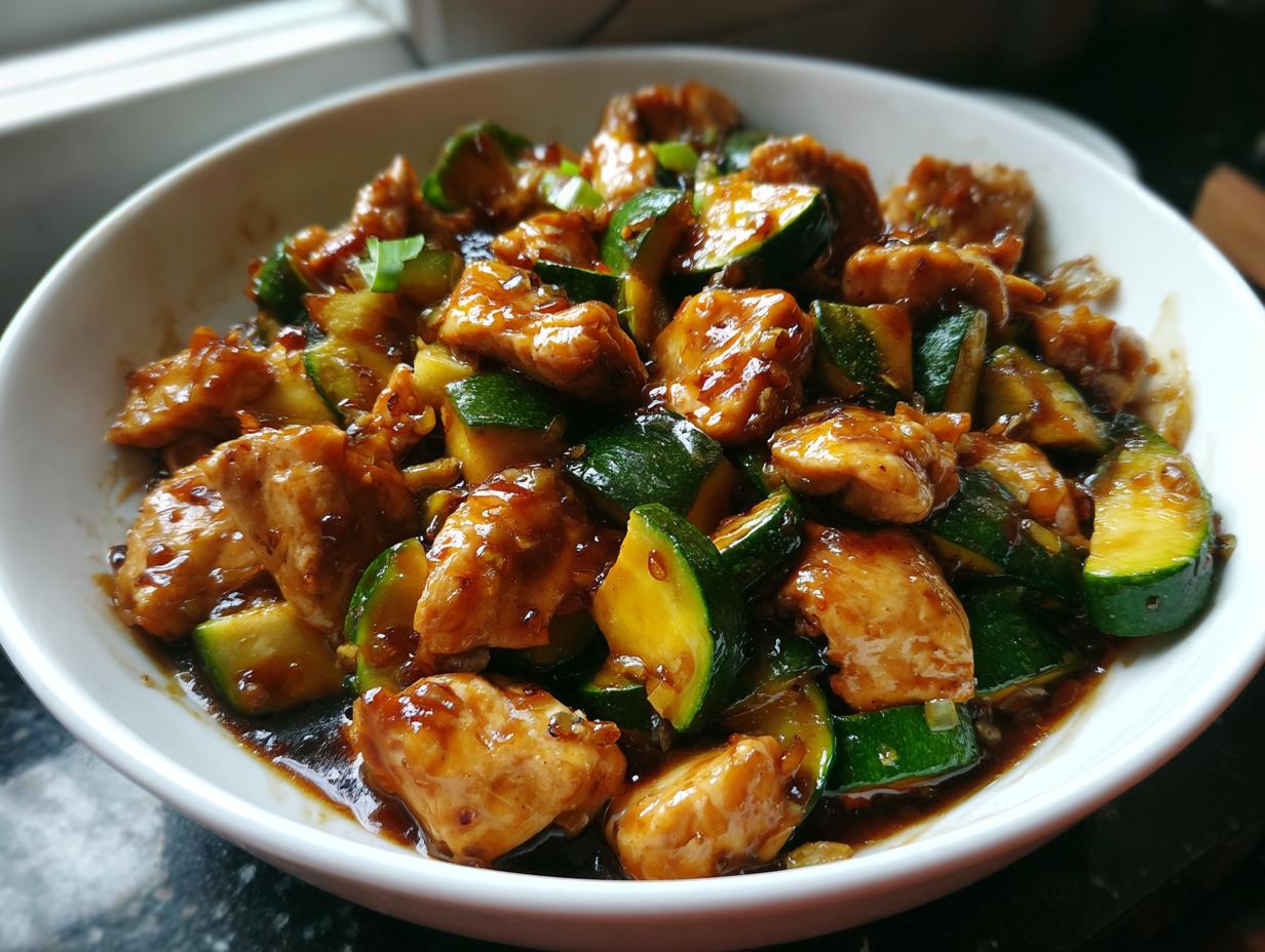 A close-up view of glistening chicken zucchini stir fry pieces coated in a dark, savory sauce served in a white bowl.