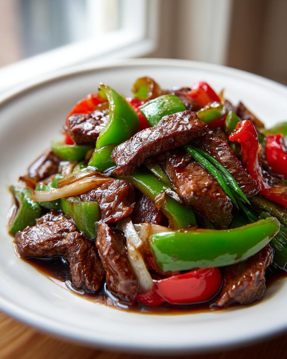 A close-up of sizzling chinese pepper steak featuring strips of beef, bright green bell peppers, and red peppers in a rich brown sauce.