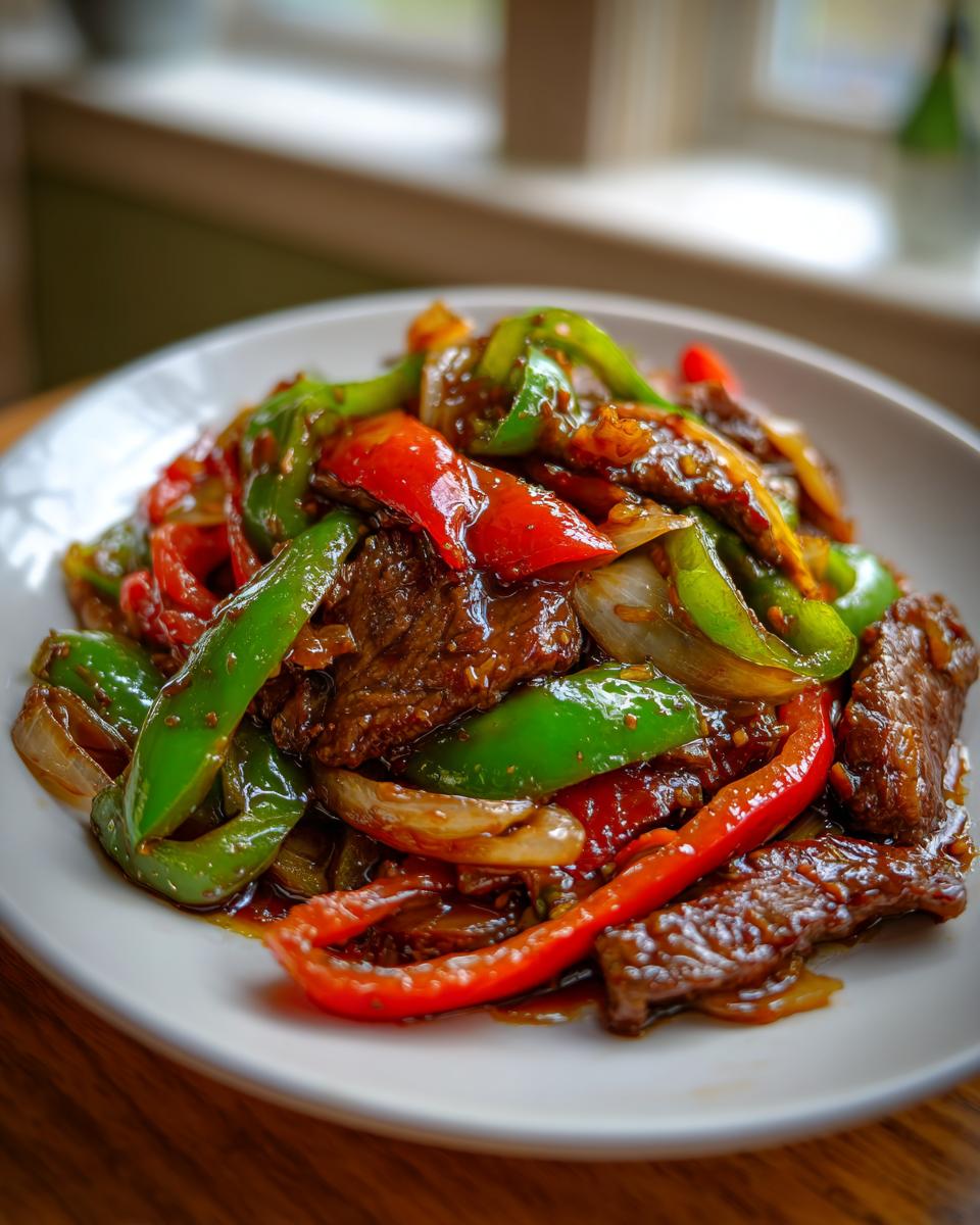 A close-up of a vibrant plate of chinese pepper steak featuring glossy beef strips, green bell peppers, red bell peppers, and onions in a rich sauce.