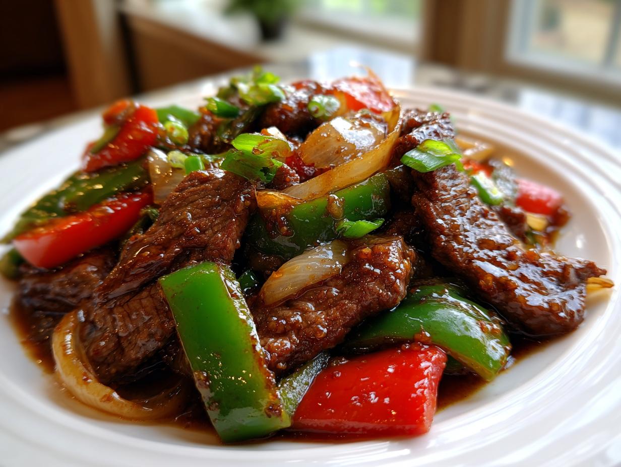 Close-up of glossy, saucy chinese pepper steak mixed with bright green bell peppers, red peppers, and onions.