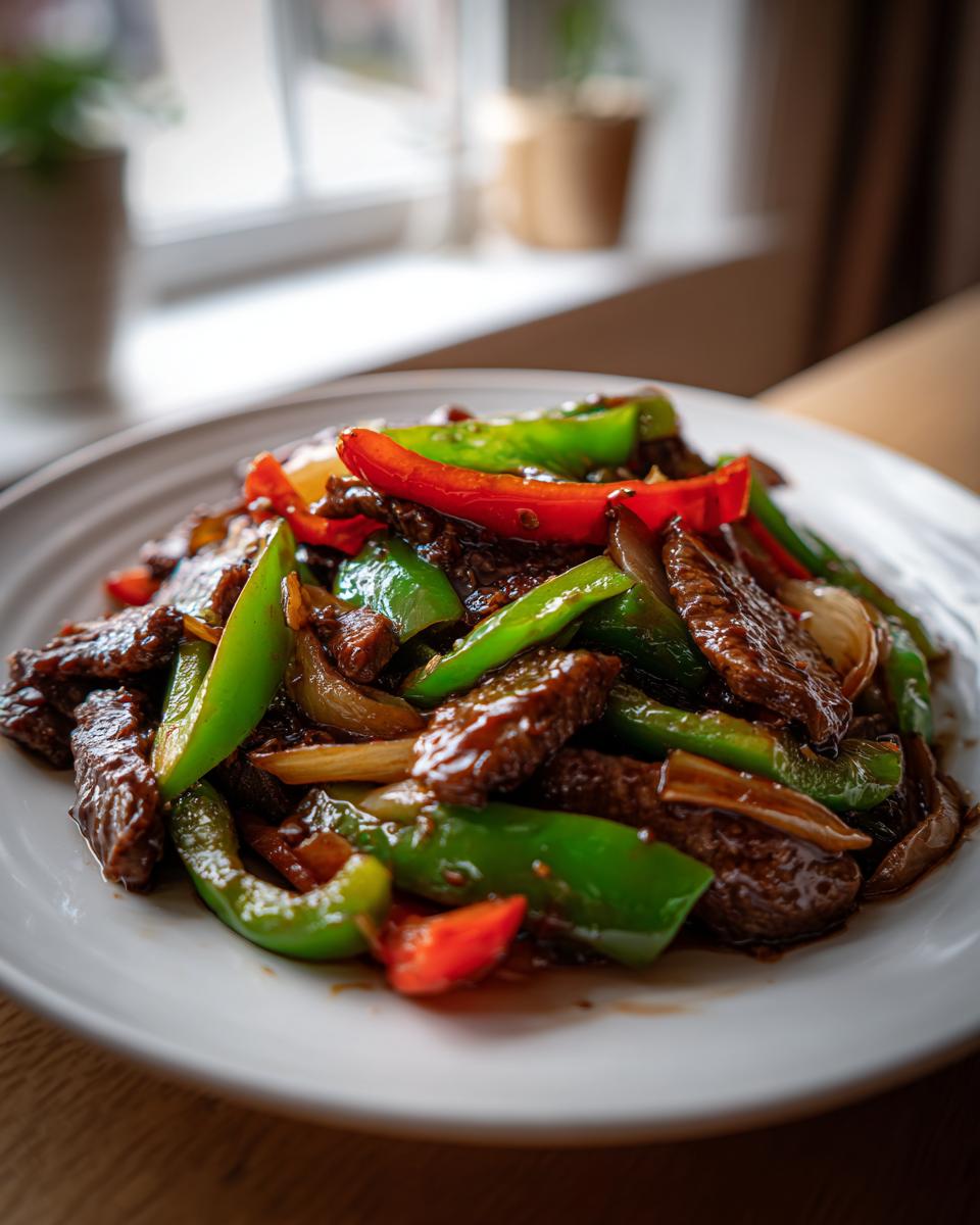 Close-up of glossy Chinese pepper steak stir-fry featuring beef strips, green peppers, and red peppers.