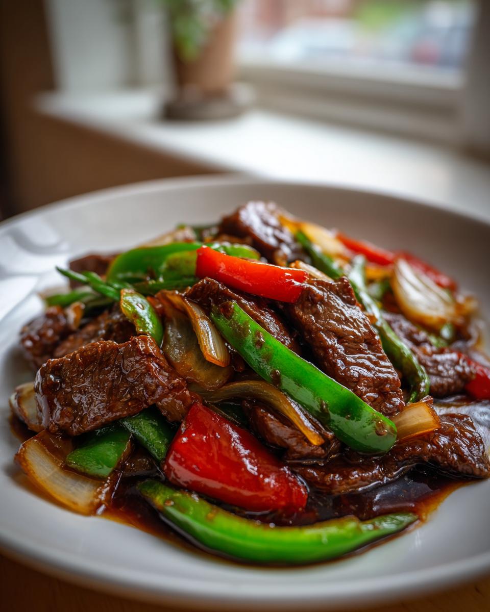 A close-up of glossy, saucy chinese pepper steak mixed with vibrant green peppers, red peppers, and onions on a white plate.