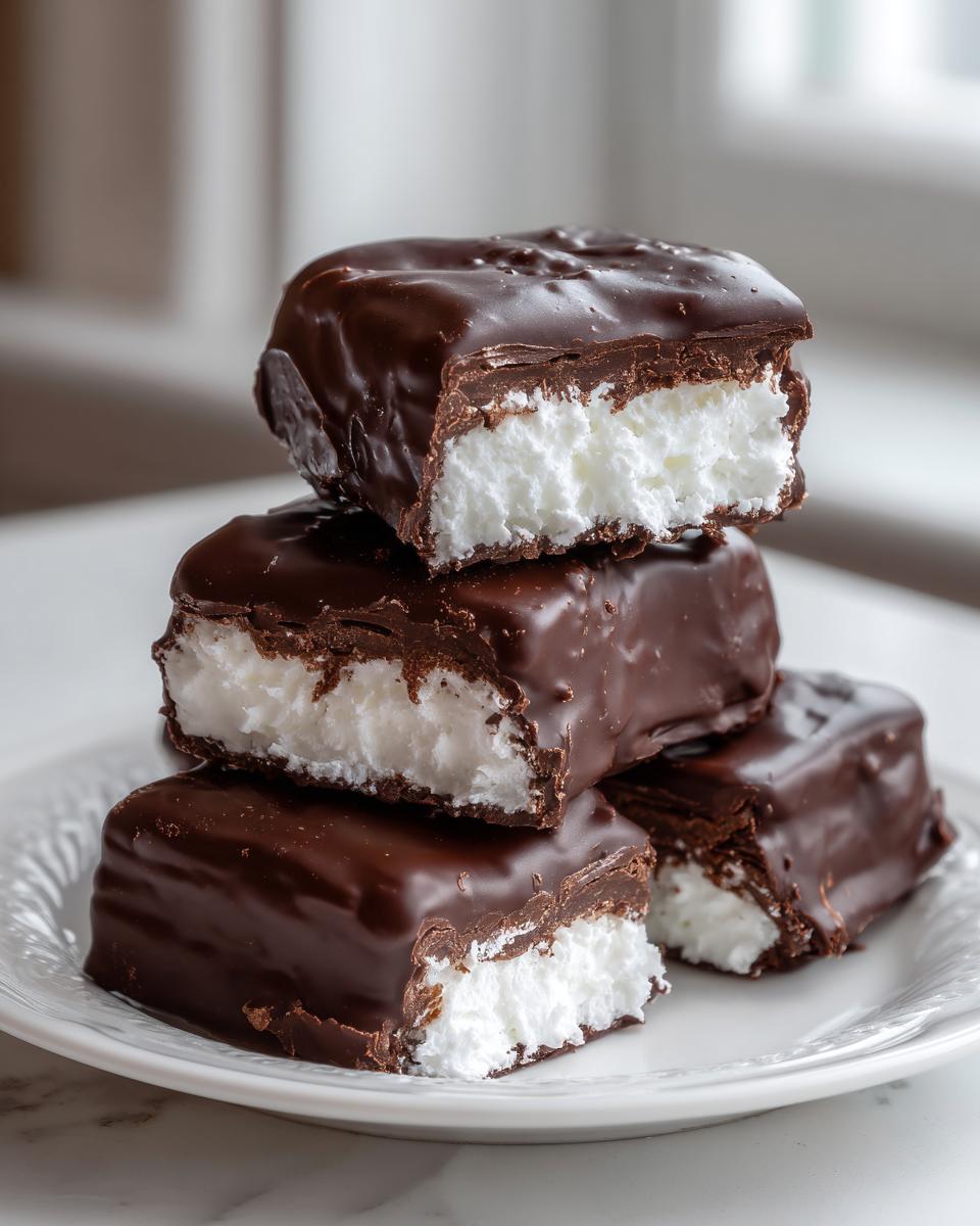 A stack of homemade chocolate covered cool whip candy bars showing the fluffy white filling inside.