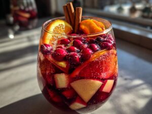 Close-up of a glass filled with vibrant Christmas sangria, loaded with cranberries, orange slices, and apple chunks.