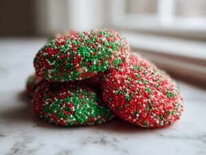 A stack of soft, round christmas sprinkle sugar cookies completely coated in red, green, and white nonpareils.