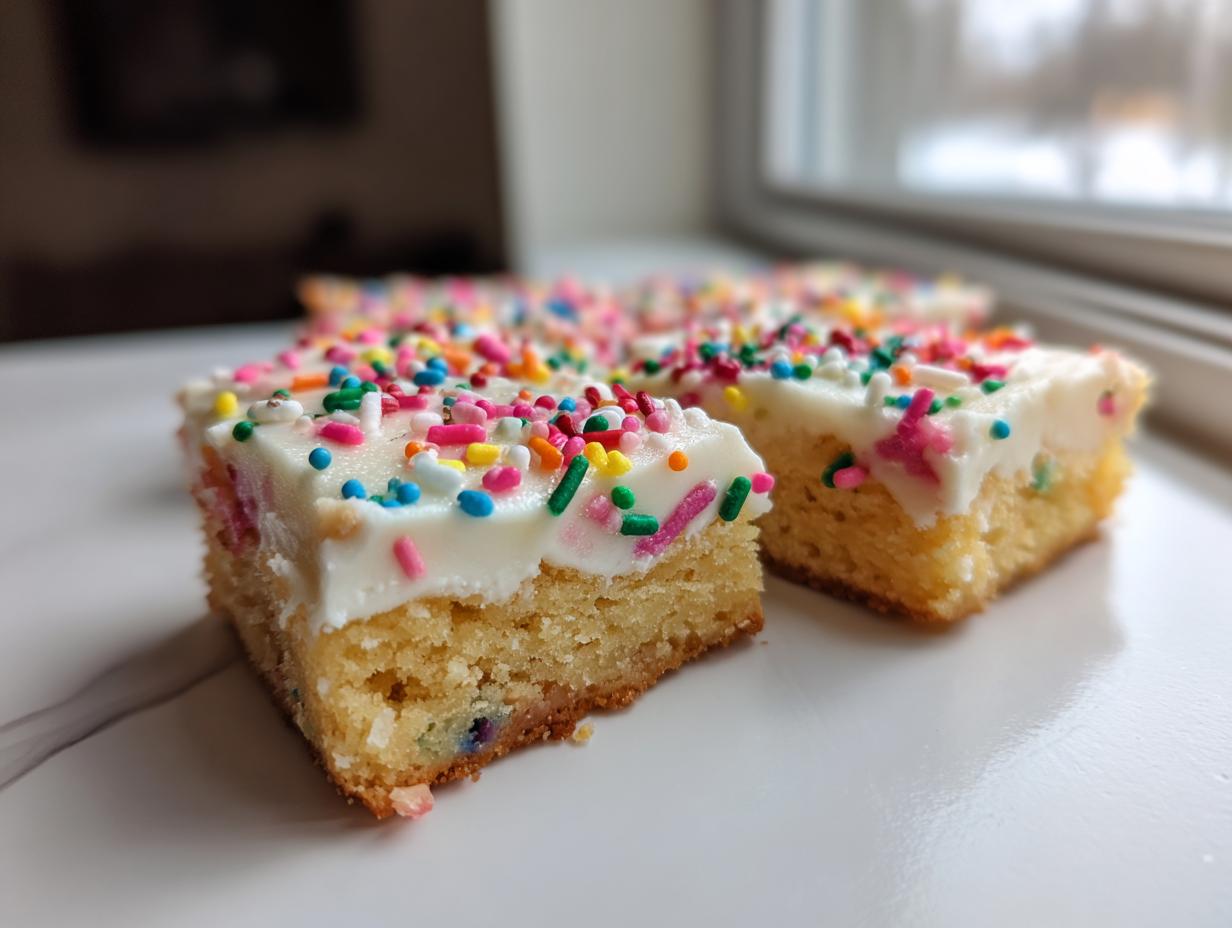 Two squares of thick, frosted christmas sugar cookie bars topped generously with colorful sprinkles.