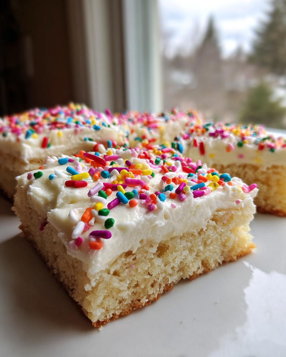 Close-up of thick slices of christmas sugar cookie bars topped with white frosting and colorful sprinkles.