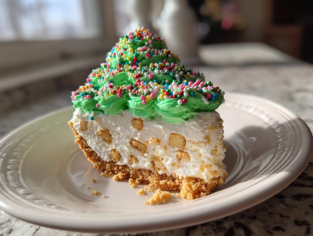 A slice of no-bake Christmas tree cheesecake on a plate, topped with green frosting and colorful sprinkles.