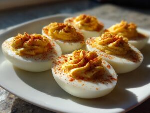 Six halves of classic deviled eggs, piped high with creamy filling and dusted with paprika, served on a white plate.