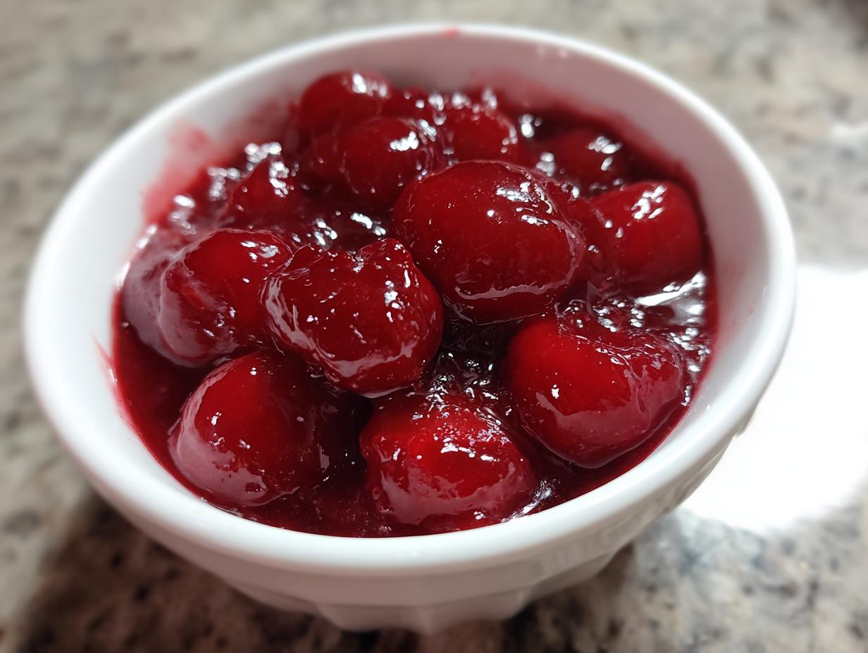 Close-up of glossy, bright red homemade cherry pie filling served in a small white bowl.