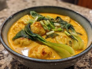 Close-up of a bowl of creamy, orange coconut curry soup filled with dumplings and topped with bok choy and green onions.