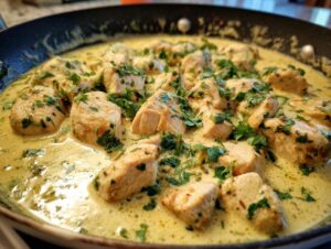 Close-up of cubed chicken pieces simmering in a rich, creamy sauce, garnished with fresh cilantro, ready for coconut lime chicken.
