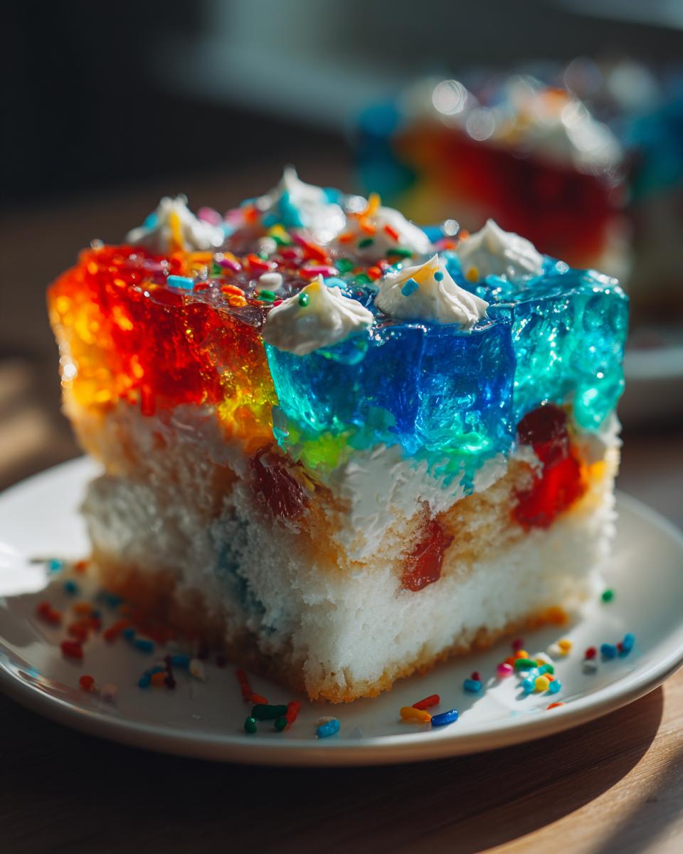 A vibrant slice of jello poke cake featuring layers of colorful gelatin, white frosting, and rainbow sprinkles.