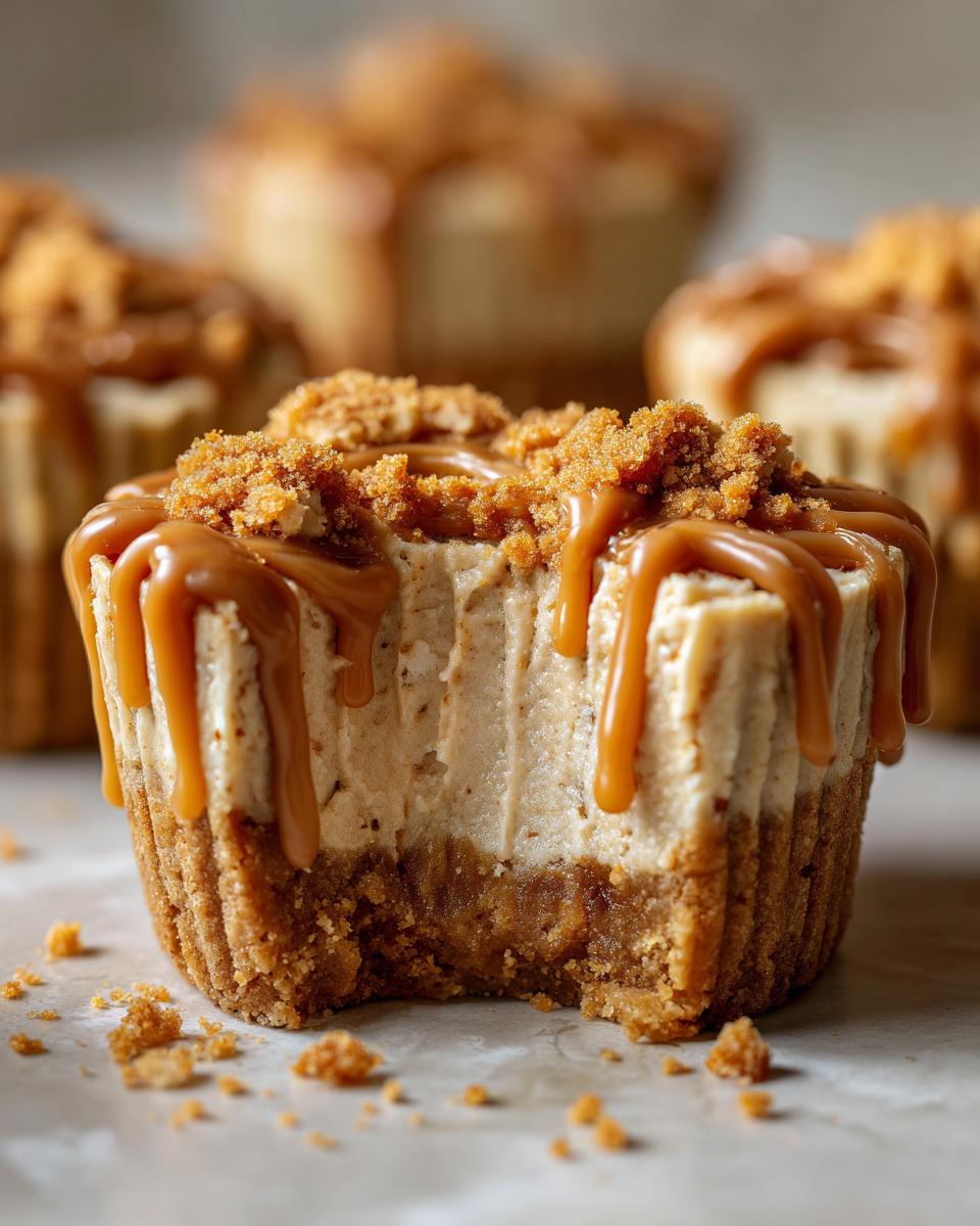 Close-up of a cookie butter cheesecake cup with a bite taken out, topped with caramel drizzle and cookie crumbs.