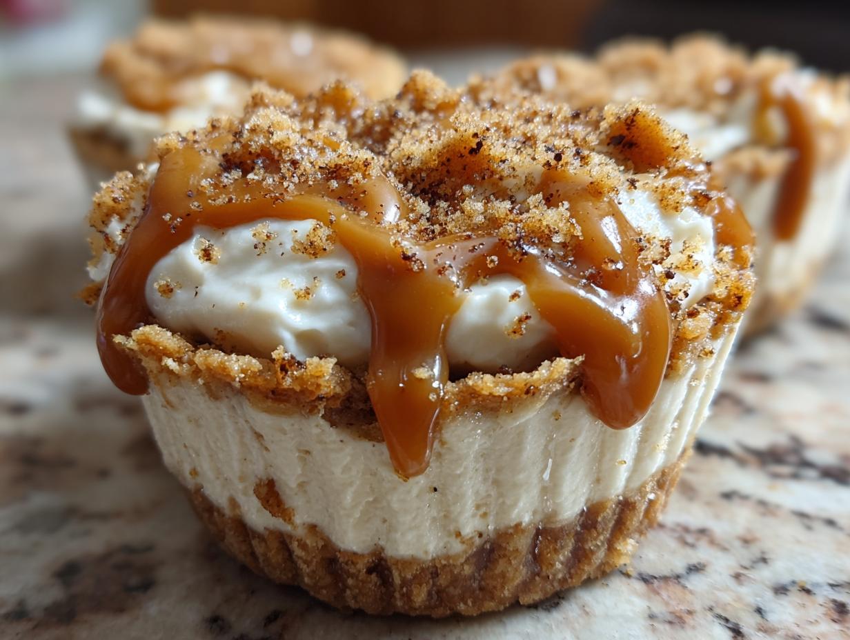A close-up of one of the amazing cookie butter cheesecake cups topped with thick caramel sauce and cookie crumbs.