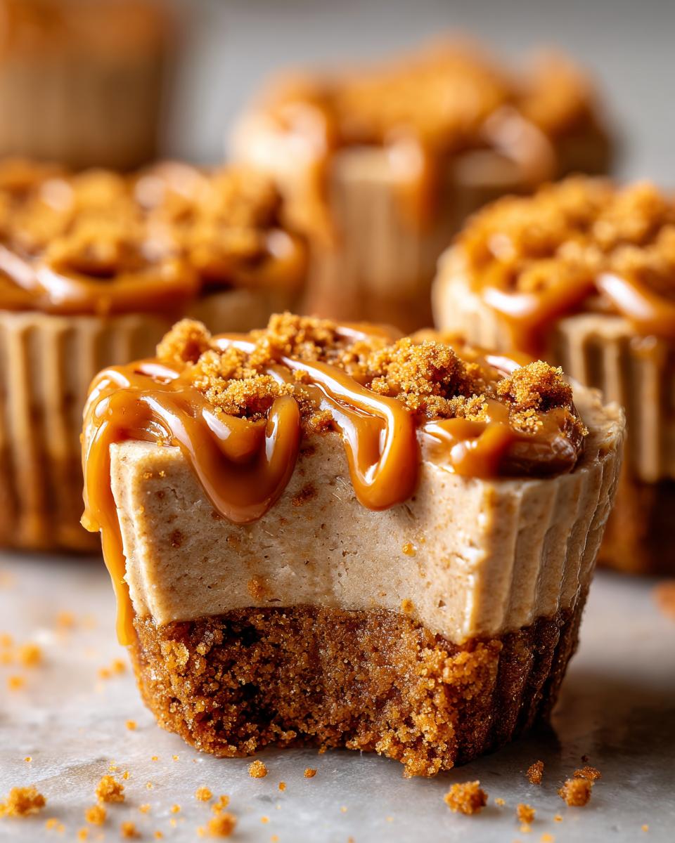 A close-up, bitten view of one of the cookie butter cheesecake cups, showing the thick crust and creamy filling topped with caramel and crumbs.