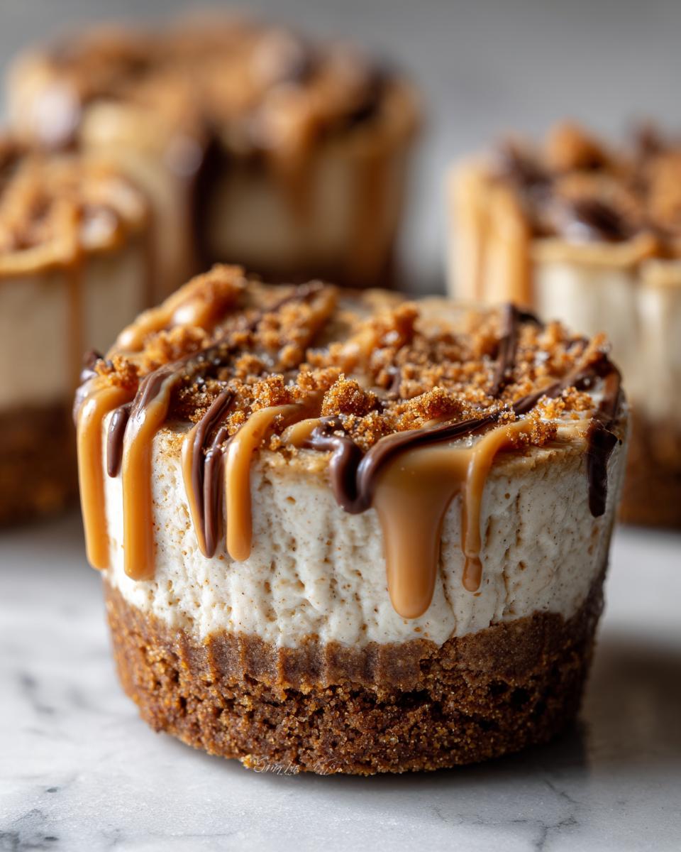 A close-up of one decadent cookie butter cheesecake cup with a thick crust, creamy filling, and caramel and chocolate drizzle.