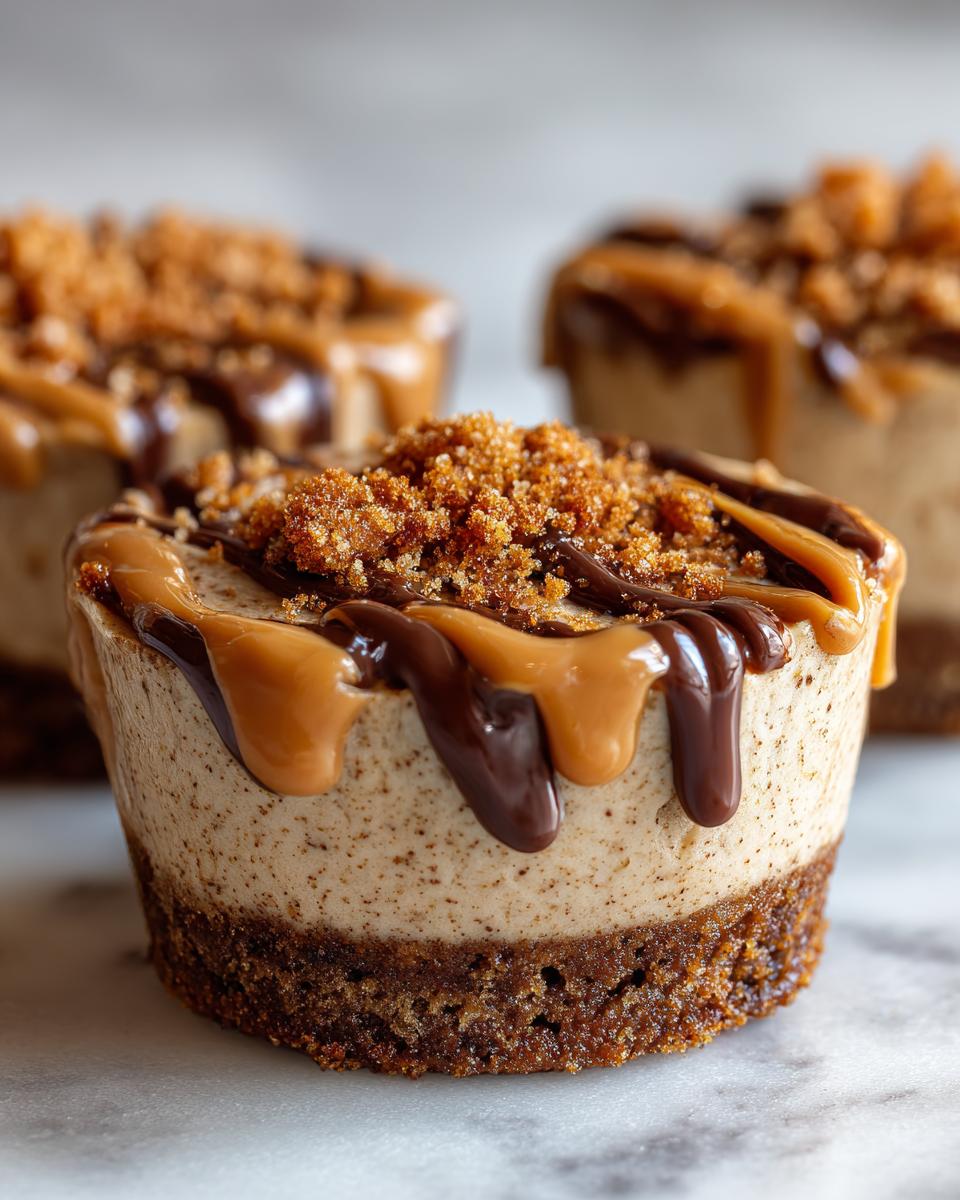A close-up of one of the amazing cookie butter cheesecake cups topped with caramel, chocolate drizzle, and cookie crumbs.