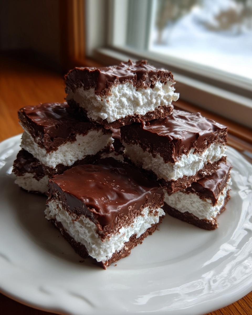 A stack of rich chocolate and white layered cool whip candy bars resting on a white plate.