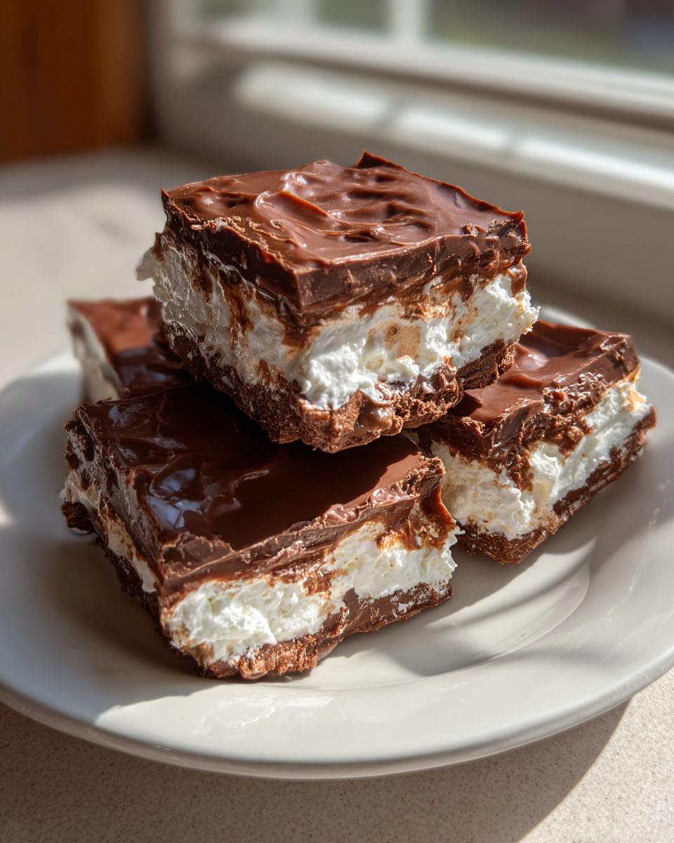 Four squares of layered cool whip candy with a chocolate topping stacked on a white plate.