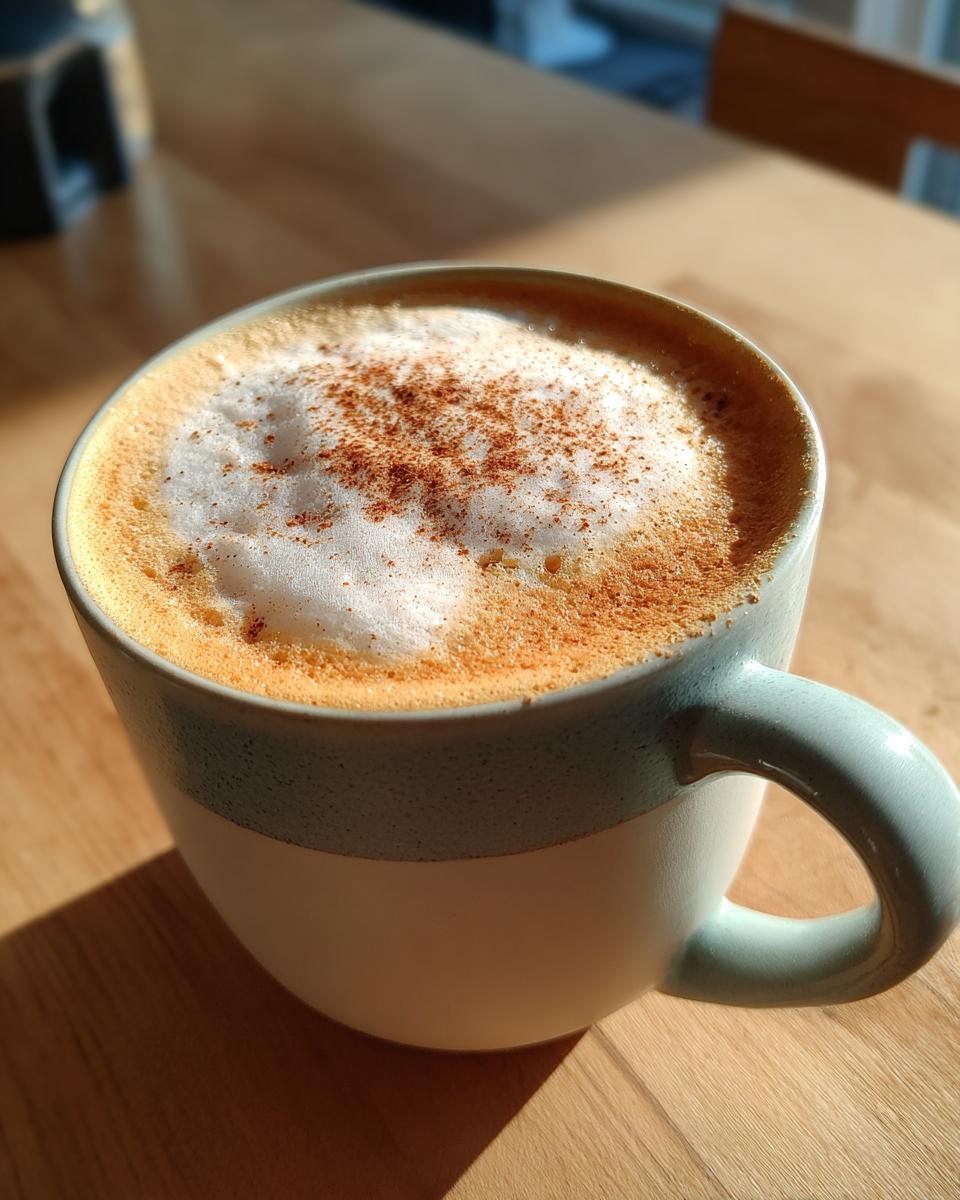 Close-up of a creamy pumpkin spice latte topped with foam and cinnamon in a two-toned mug on a wooden table.