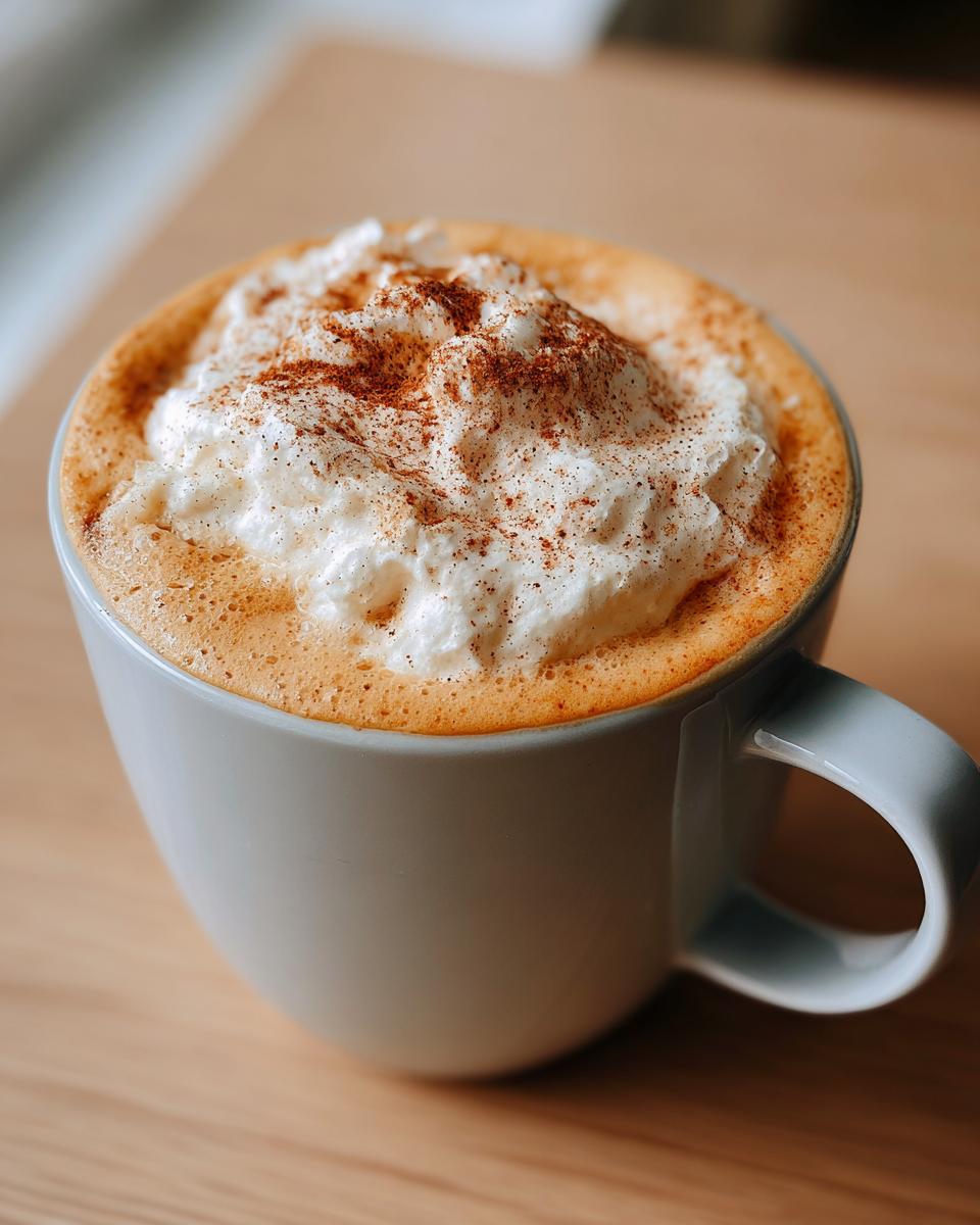 Close-up of a homemade pumpkin spice latte topped with whipped cream and a dusting of cinnamon.