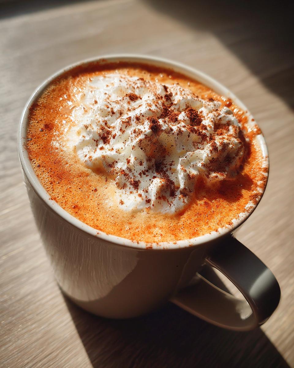 Close-up of a homemade pumpkin spice latte topped with whipped cream and a dusting of spice.