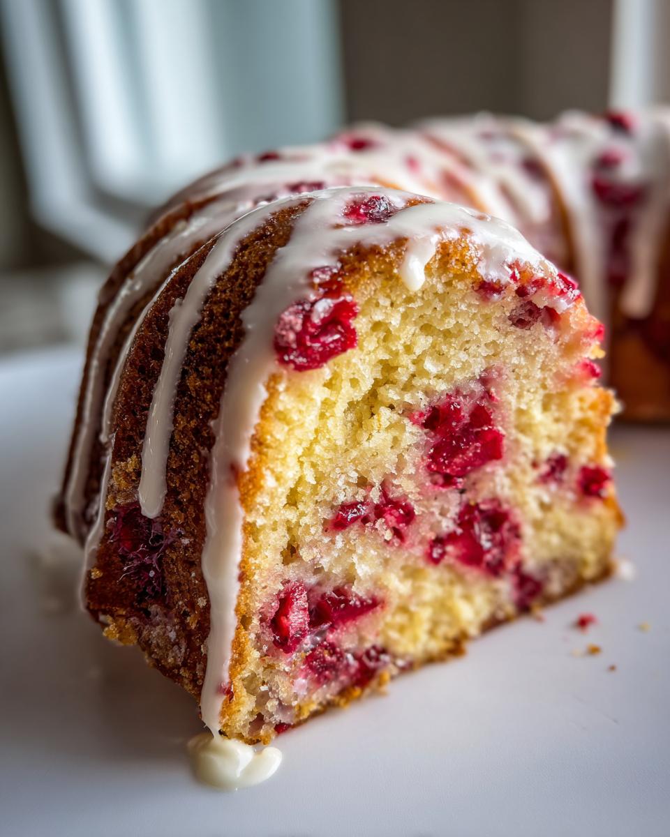 A close-up slice of moist cranberry orange cake studded with bright red cranberries and drizzled with white orange glaze.