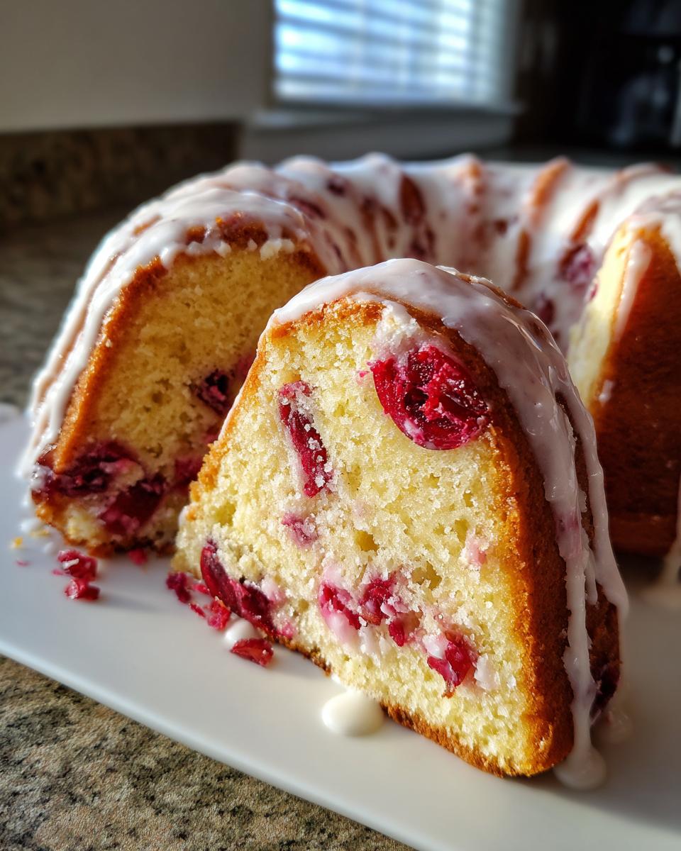 Close-up of a slice of cranberry orange cake, showing bright red cranberries inside the moist yellow crumb and covered in white glaze.