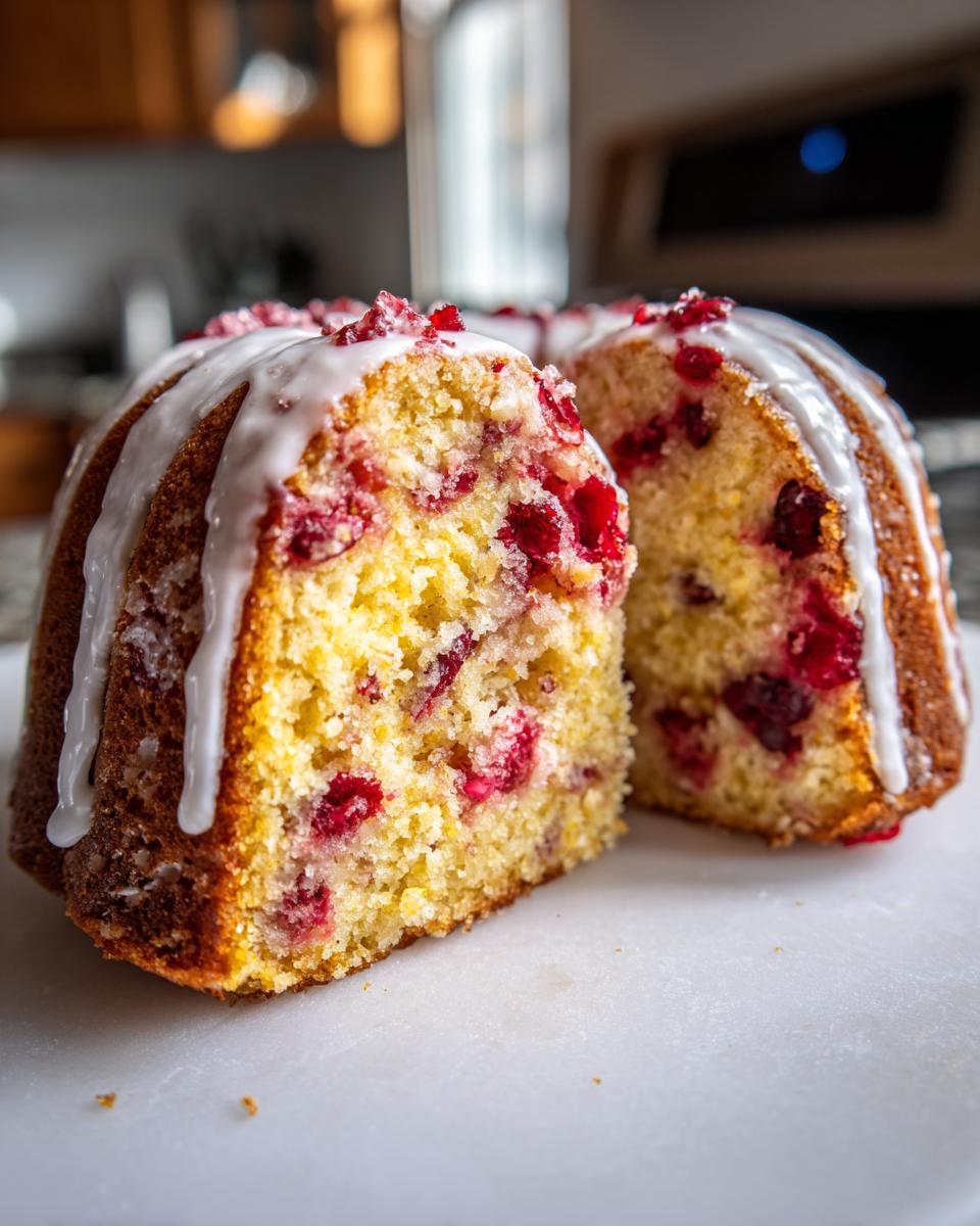Close-up of a sliced cranberry orange cake showing bright red cranberries baked into the yellow crumb and topped with white glaze.