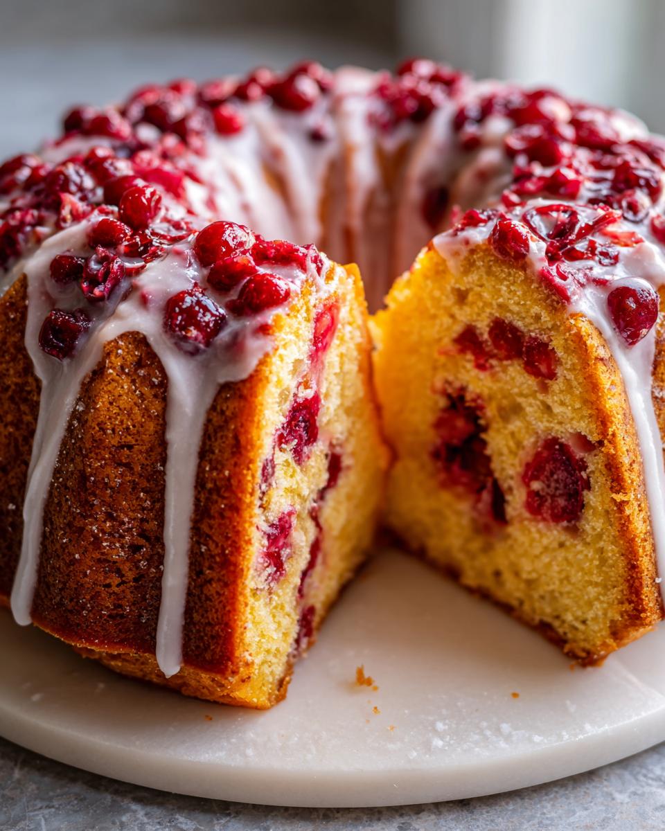 Close-up of a sliced cranberry orange cake bundt, showing the moist yellow crumb filled with cranberries and topped with white glaze.